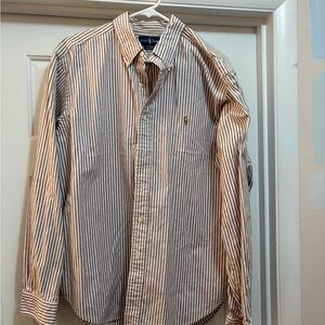 Ralph Lauren Brown and White Pin-Striped Oxford Long Sleeve Button Down XL Shirt
